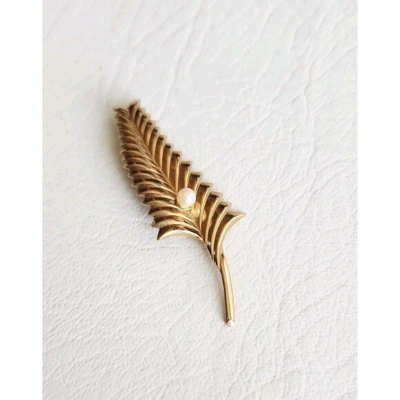 DCE R&F 1/20 14K GF FERN LEAF PEARL Pendant Brooch Pin MCM - Picture 3 of 7